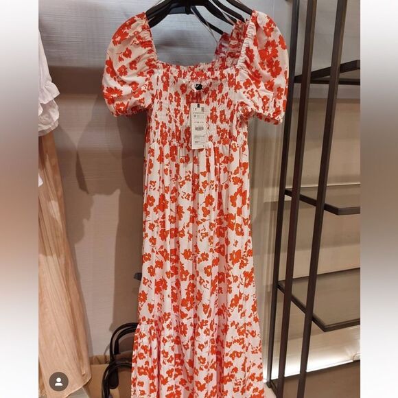 ZARA Floral Print Puff Sleeve Summer Midi Dress - Picture 14 of 14